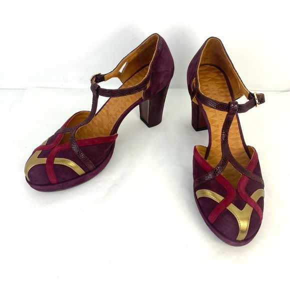 Chie Mihara Shoes - Chie Mihara 
Myla Suede Pumps Croc Textured Leather Gold T Strap Women’s